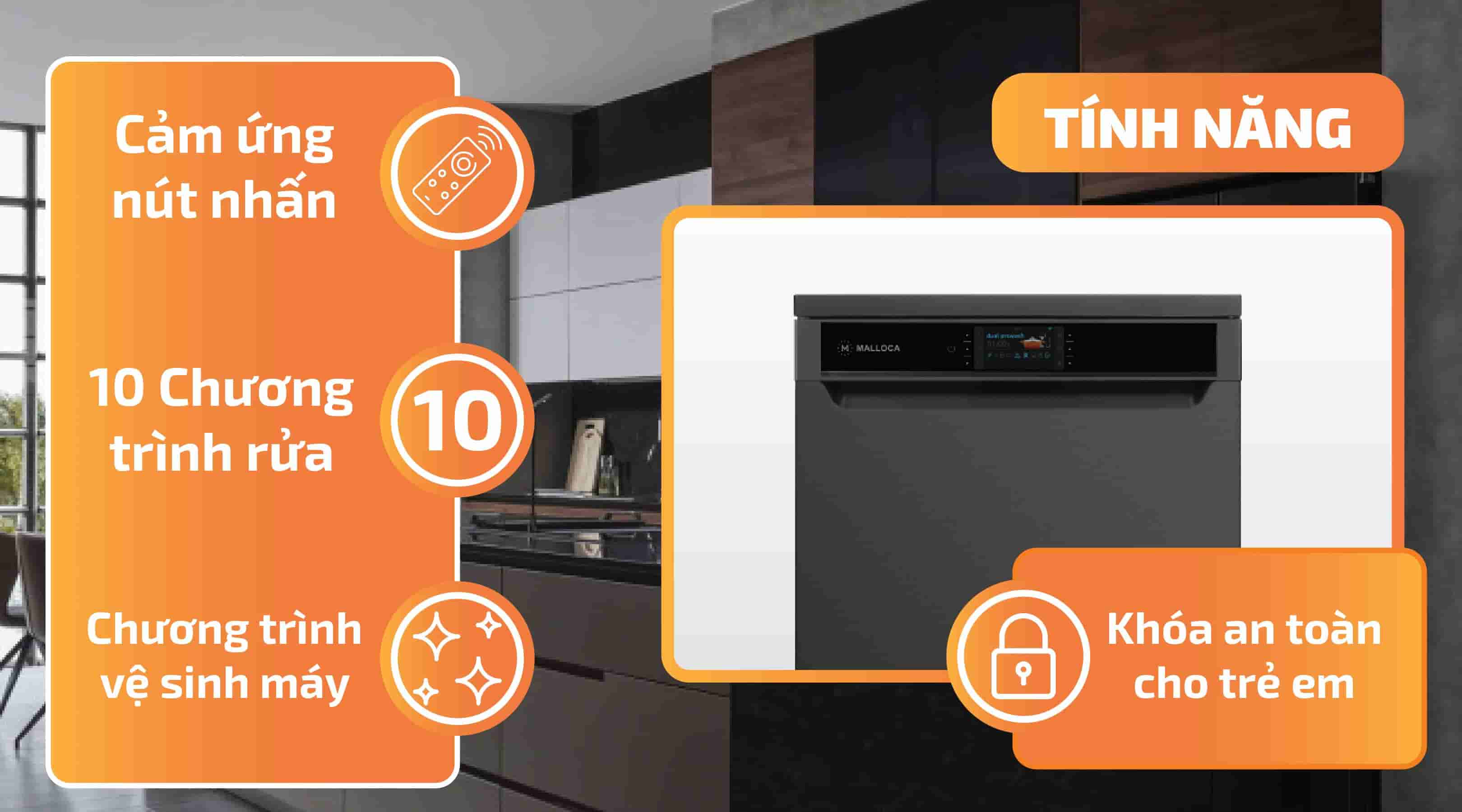 Tính năng của máy rửa chén độc lập Malloca MDW14-BS10TFT